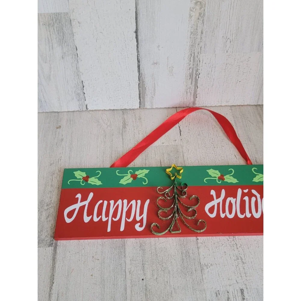 Happy holidays red wall‎ hanging sign Xmas tree star home decor
